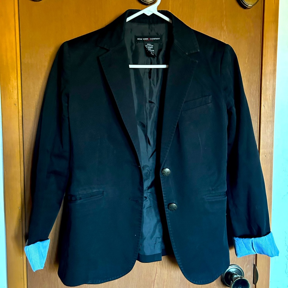 Multi-pocket Blazer, Black, w/ blue striped liner, by New York & Company